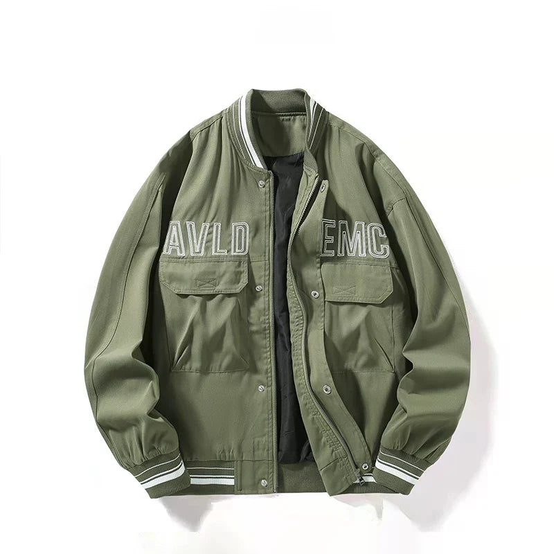 Olive Green Multi‑Pocket Embroidered Varsity Jacket